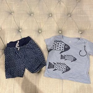 6-9M Baby Boy Fish & Hook Short Sleeve Shirt with Matching Triangle Print Shorts